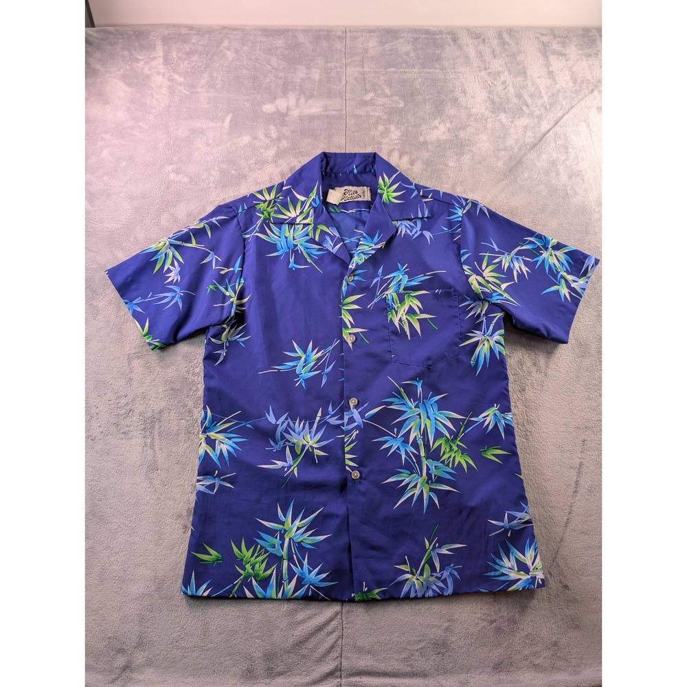 Hilo Hatties Mens Blue Bamboo Print Short Sleeve Button Down Shirt Size M 501
